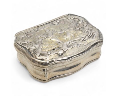 18th century Swedish silver snuff box of serpentine outline, the hinged cover with embossed classical figures, the base engra