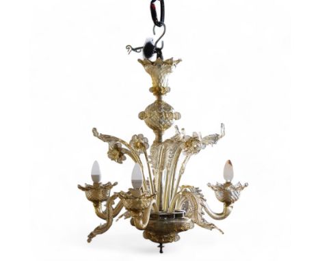 Mid-to-late 20th century Murano glass four branch chandelier, elongated baluster stem with foliate decoration, each segment w