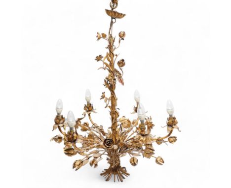 Late 20th century repousse gilt metal work chandelier, five projecting branches, decorated with trailing leafy branches and f