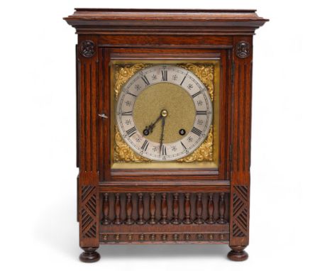 Lenzkirch - late 19th century German oak cased 8-day quarter striking mantle clock, with a flat top and moulded cornice benea