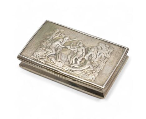 18th/ 19th century Swedish rectangular silver snuff box, the hinged cover embossed with classical figures, gilded interior an