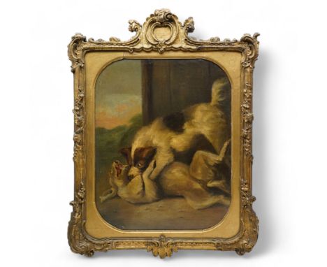 After George Morland (British 1763-1804): 'Fighting Dogs', 19th century oil on canvas unsigned 51cm x 41cm, in ornate cartouc