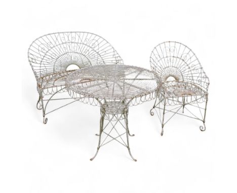 French white painted garden set - circular garden table (D82cm, H73cm); garden bench (W110cm, D63cm, H91cm); garden chair (W5