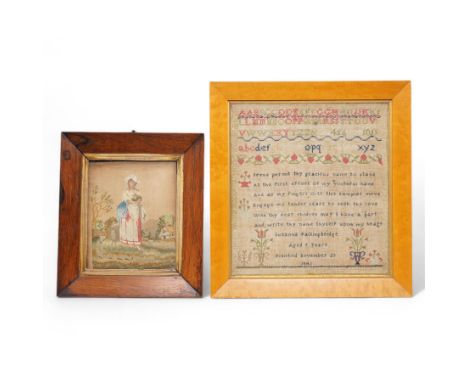 Late 18th century silkwork picture, depicting a shepherdess and lamb, in rosewood frame, later inscribed 'worked in 1792 by H