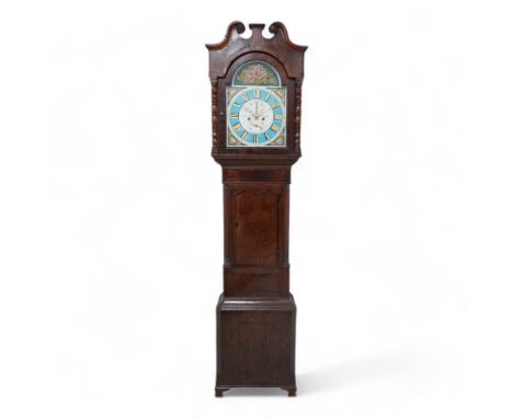 Joseph Scott of Leeds - 8-day oak and mahogany longcase clock c1865, with a swan necked pediment and wooden parterre, break a