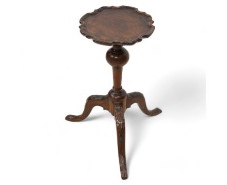 18th century mahogany tripod kettle stand or wine table, moulded and shaped pie crust top, on tapering column with bulbous an