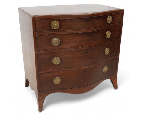 George III mahogany serpentine chest, moulded caddy top over four long graduating cock-beaded drawers, circular foliate and b