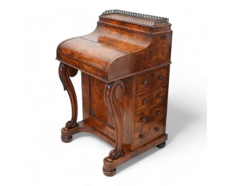 Victorian figured walnut piano top Davenport, the moulded top with brass gallery opens to reveal hidden compartment fitted wi