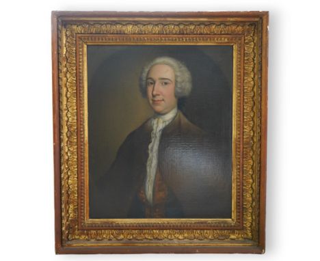 English School (Late 18th century): Portrait of a Georgian Gentleman Wearing a Brown Jacket and Powdered Wig, oil on canvas u