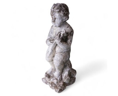 Cast stone figure of a cherub playing a mandolin on rocky base Dimensions: Height:&nbsp;96cm&nbsp;