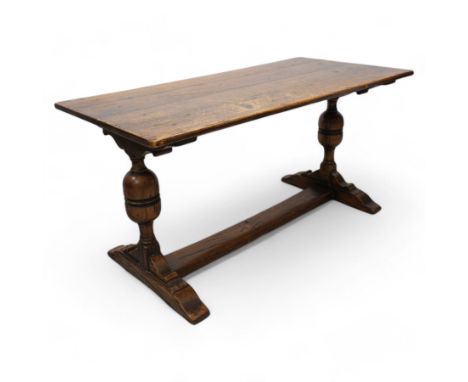 17th century design oak refectory dining table, rectangular plank top on turned cup and cover baluster supports, sledge feet 