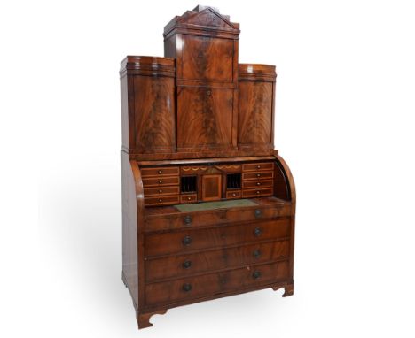 19th century Biedermeier figured mahogany cylinder bureau cabinet, the raised super structure with stepped pointed pediment o