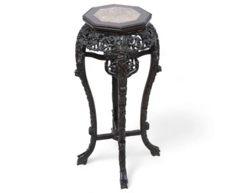 Early 20th century Chinese hardwood and marble top jardiniere or urn stand, octagonal top with central marble inset and bead 