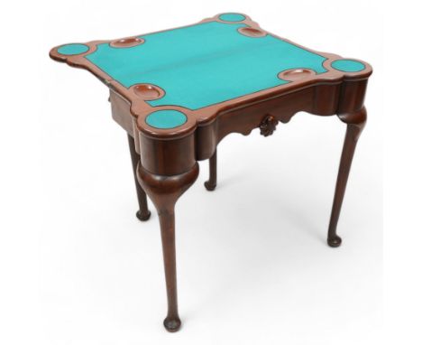 Victorian mahogany games table, shaped form, fold-over top enclosing baize-lined playing surface and sunken counter walls, sh