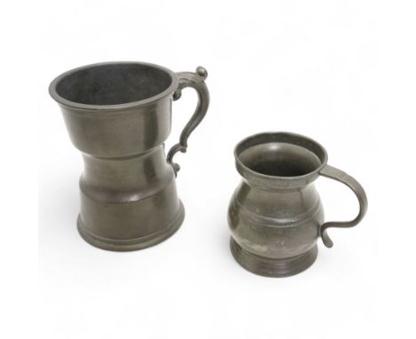 18th century pewter tankard, circa 1770, with scroll handle and acanthus leaf thumbpiece, touch marks and crowned X, H13cm, t