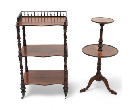 Victorian rosewood three-tier what-not or etagere, raised balustrade gallery top over three shaped tiers on turned supports, 