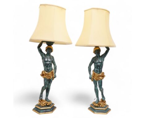 Pair of Italian figural carved table lamps, each modelled as a semi-nude male figure holding a basket above their heads, with