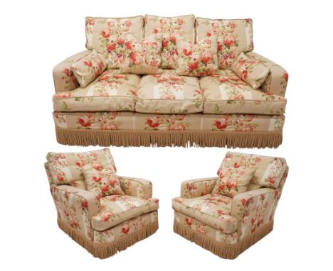 Edwardian design two-seat sofa (W165cm, H83cm, D106cm); and matching pair of armchairs (W80cm); upholstered in striped fabric