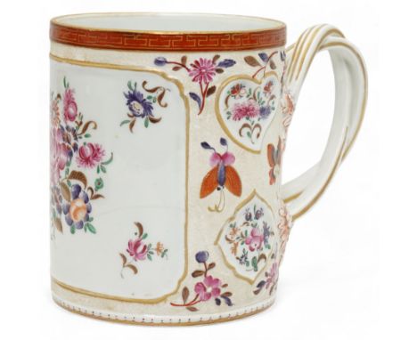 Large porcelain tankard by Samson of Paris, decorated in the Chinese Export famille rose style with panels of flowers, agains