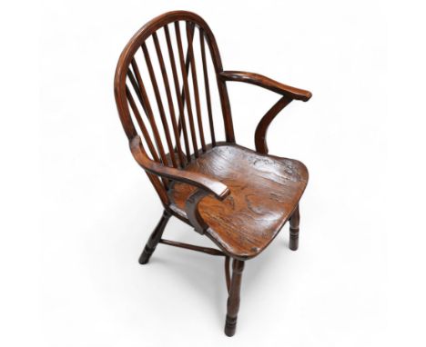 19th century yew wood and elm Thames Valley Windsor armchair, hoop and stick back over shaped arms, dished elm seat on turned