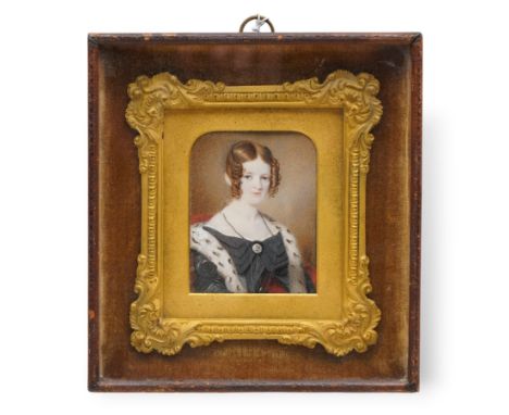 Samuel John Stump (British 1778-1863): Portrait of 'Sarah Isabella Stephenson 1818-1880' wearing a black dress with ermine st