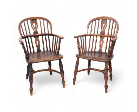 Near pair of 19th century elm and ash Windsor armchairs, each with double hoop and stick back with shaped and pierced splat, 
