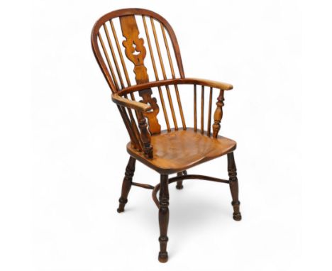 19th century elm and beech Windsor armchair, double hoop and stick back with shaped and pierced splat, dished seat on turned 