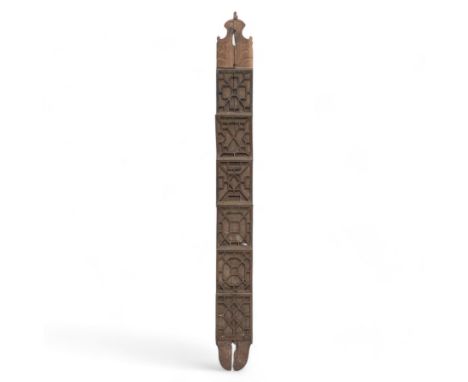 Chippendale design letter rack, the staggered brass panels mounted on a carved oak strip H51cm 