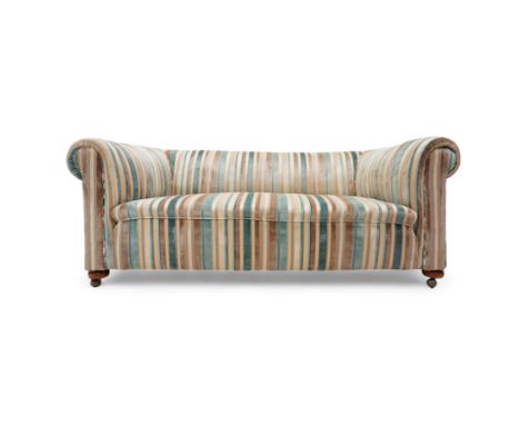 Early 20th century hardwood-framed two-seat Chesterfield sofa, traditional shaped with rolled back and arms, upholstered in s