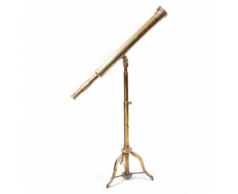 19th century lacquered brass telescope, the barrel on telescopic stem and tripod stand Dimensions: Length/Width:&nbsp;71cm&nb