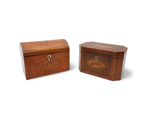 George III satinwood tea caddy with hinged domed cover, with boxwood bandings and checkered stringing, the cover and front in