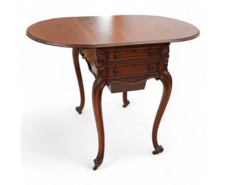 Late 19th century French mahogany sewing or work table, moulded oval drop-leaf top over two drawers and sunken storage slide,