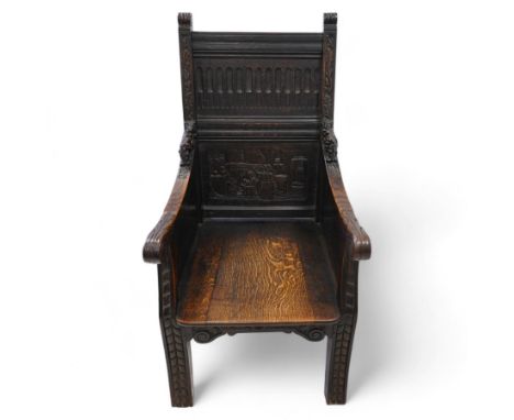 18th century and later Wainscot armchair, moulded cresting rail over stop-flute carved panel, the uprights with scrolled term