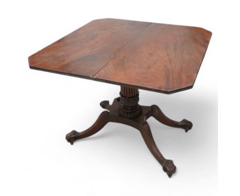 Regency mahogany card table, rectangular swivel and fold-over top with canted corners and reed-moulded edge, raised on a reed