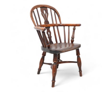 19th century yew wood and elm Child's Windsor armchair, double hoop and stick back with pierced splat, dished seat on turned 