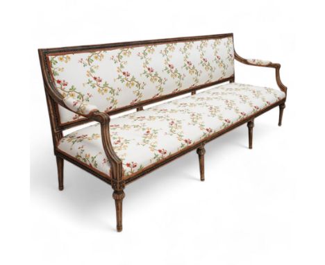 Late 19th century Swedish beech-framed settee, upholstered in cream fabric with trailing foliate pattern decorated with flowe