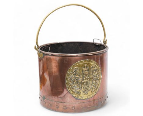 19th century riveted copper and brass mounted coal bucket, the central panel depicting a coat of arms H29cm 