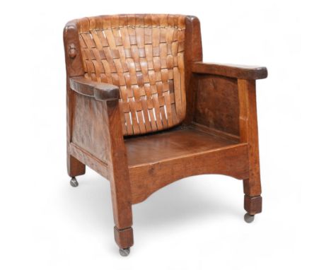 Mouseman - unusual circa. 1930s adzed oak tub-shaped armchair, barrel-back with woven leather, the upright carved with mouse 