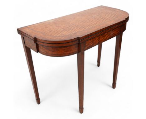 Sheraton period satinwood card table, stepped D-end form, fold-over top revealing baize playing surface, double gate-leg acti