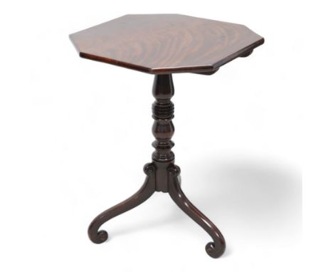 Regency mahogany tripod table, canted square tilt-top on turned column, three out splayed supports with scrolled terminals Di