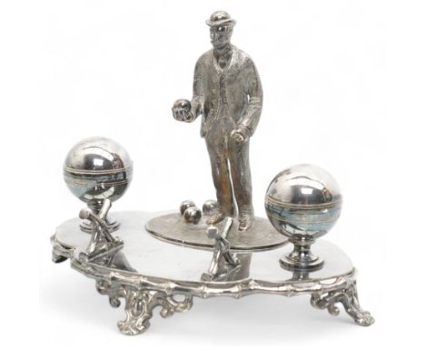 Victorian silver-plated inkstand by James Dixon & Sons, the quatrefoil base surmounted with a figure of a lawn bowler stood u