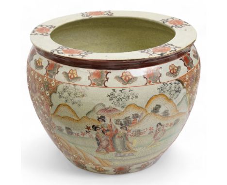 Japanese Satsuma fish bowl/planter, the interior decorated with carp etc., the exterior with panels of figures and landscapes