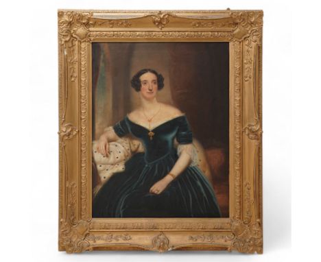 English School (19th century): Portrait of Mary Anne Gibson (nee Wildridge and then Patten) (1837-1895) Wearing a Velvet Teal