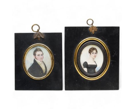 English School (Early 19th century): Portrait of a Regency Lady and Gentleman Wearing Black Evening Attire, pair of miniature