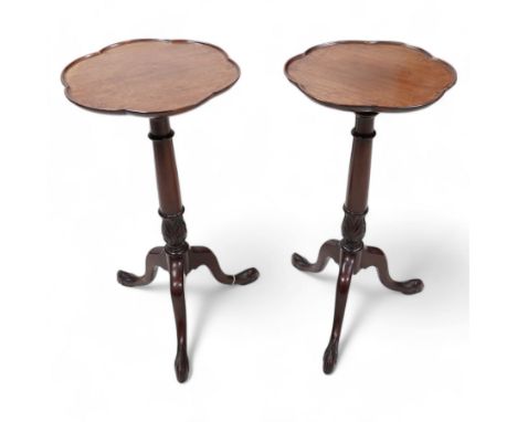 Pair of Georgian design mahogany wine tables, the circular dished top with scalloped edge, raised on a ring-turned pedestal d