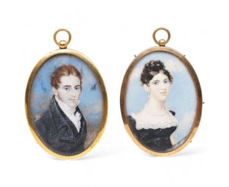 English School (Early 19th century): Portrait of a Regency Lady and Gentleman Wearing Black Evening Attire, pair of miniature