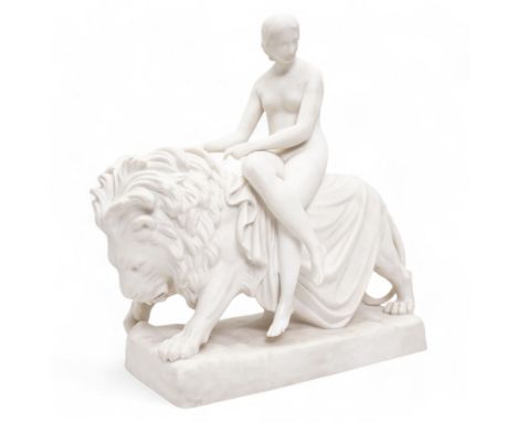 Victorian Minton Parian ware group 'Una and the Lion', designed by John Bell (1812-1895), the nude maiden seated side-saddle 