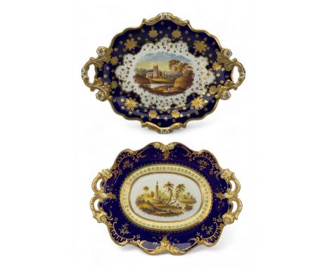 Early 19th century Ridgway twin handled oval dish, hand painted with figures in a river landscape, within a cobalt blue and m