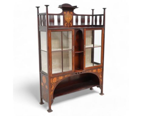 Shapland & Petter; Barnstaple (1854-1999) - Art Nouveau circa. 1900s mahogany display cabinet, raised shelf over panel inlaid