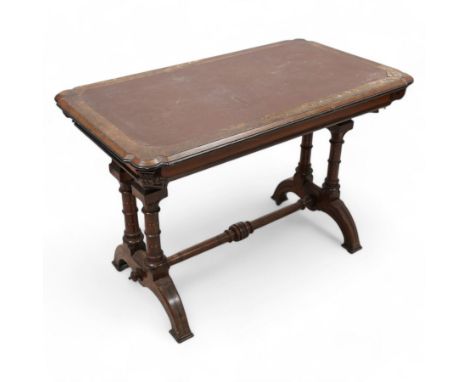 Late 19th century Aesthetic Movement inlaid walnut library table, shaped rectangular top with moulded and banded edge, inset 